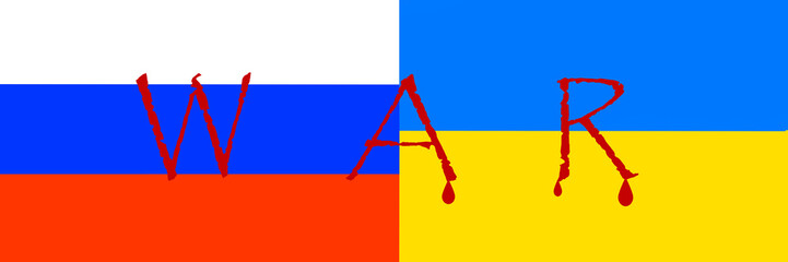 Flag of Ukraine and flag of Russia with WAR written