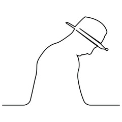 one line continuous drawing of man wearing hat looking down