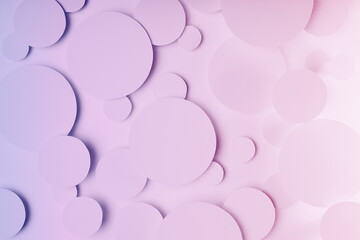 Sensitive tender abstract geometric texture of paper circles in soft light and shine in gradient of pastel very peri and pink color, top view. Simple mosaic background in minimal style.