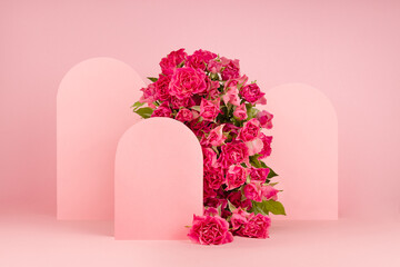 Fashion floral abstract stage with tiny pink roses as arch, three empty rounded doors as podiums mockup on pink background for presentation cosmetic products, goods, advertising, design card, poster.