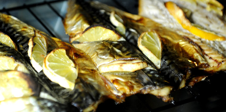 Grilled mackerel baked in the oven with Lemon. High quality photo