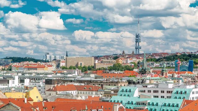 View on Prague lamdmark with Zizkov Television Tower timelapse