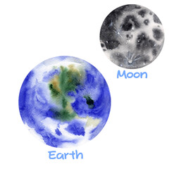 Earth and Moon watercolor illustrations © Tetiana