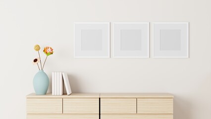 Blank picture frame mockup in modern interior living room, minimal style. 3D rener illustration.
