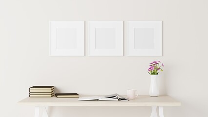 Fototapeta na wymiar Blank picture frame mockup in modern interior living room, minimal style. 3D rener illustration.