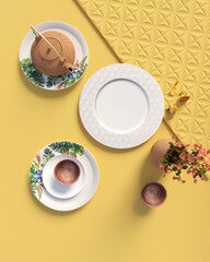 Asia food table setting, Tea setting with red flower , white plate, teapot and cup of tea on yellow table background, top view. Yellow roses. Square table mats.3D rendering.