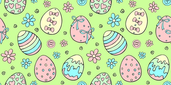 Vector seamless pattern with colorful Easter eggs, flowers, buttons. Spring hand drawn doodle, holiday tradition backgrounds and textures with decorative elements © Iuliia