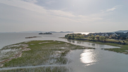 Lakes tai of modern town road with building