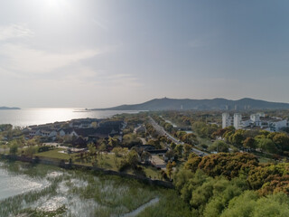 Lakes tai of modern town road with building
