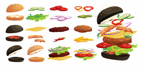 Burgers ingredients set: buns, chili, tomato, cheese, bacon, cucumber, meat, onion, ketchup, French fried potato and salad. Fast food, junk. Cartoon vector illustration.