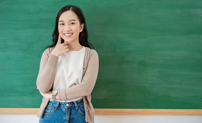 Portrait of smiling confident asian business woman in jeans suit office. Asian business girl....
