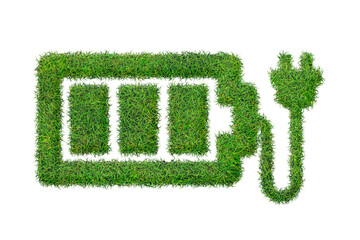 Battery icon from green grass. Eco charging icon isolated on white background. Symbol with the...