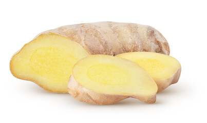 Isolated ginger. Raw ginger root with slices isolated on white background with clipping path