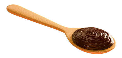 Melted chocolate spread in wooden spoon. Isolated on backgruond. 3d illustration