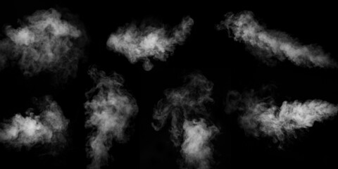 A set of seven different types of swirling, writhing smoke, steam isolated on a black background for overlaying on your photos. Horizontal and vertical steam. Abstract smoky background