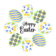 Happy Easter. Stylish trendy square postcard with cute colored eggs in blue and yellow arranged in a circle in a modern design. View from above. Vector.