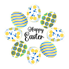 Happy Easter. Stylish trendy square postcard with cute colored eggs in blue and yellow arranged in a circle in a modern design. View from above. 
