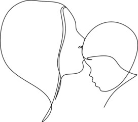 Abstract mother with a child in continuous one line drawing art style. Mother`s Day card. Woman hugging her baby. Happy motherhood concept. Modern vector illustration