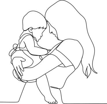 Abstract Mother With A Child In Continuous One Line Drawing Art Style. Mother`s Day Card. Woman Hugging Her Baby. Happy Motherhood Concept. Modern Vector Illustration