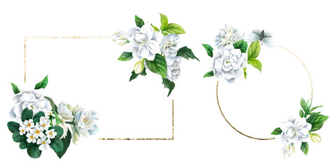 Two floral golden frames, hand drawn vector