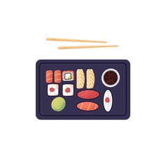 Sushi box, set with chopsticks. Japanese sea food with rice, red fish, tuna, salmon, caviar and nori. Japan rolls, maki and nigiri with sauces. Flat vector illustration isolated on white background