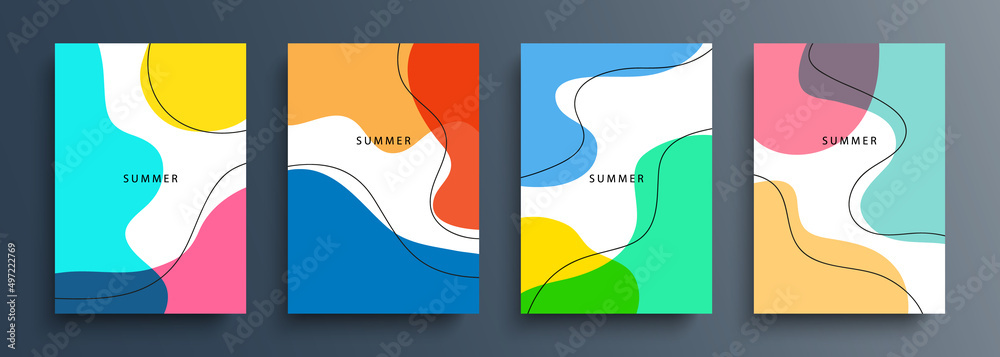 Poster Summertime backgrounds with various dynamic liquid shapes and black outlines for your creative graphic design. Summer season collection. Vector illustration.