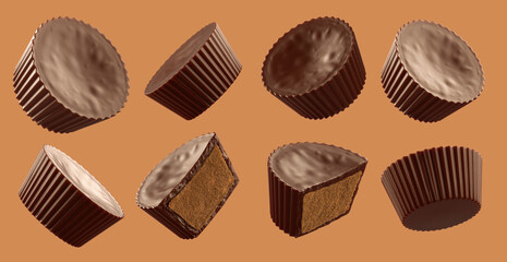 Set of chocolate peanut butter cups. Isolated on background. 3d illustration - obrazy, fototapety, plakaty