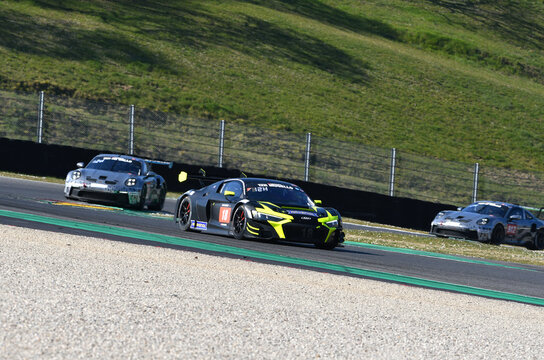 Scarperia, 24 March 2022: Audi R8 LMS GT3 EVO II of Phoenix Racing Team driven by Michael Doppelmayr Pierre Kaffer Elia Erhart in action during 12h Hankook Race at Mugello Circuit in Italy.