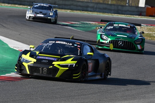 Scarperia, 24 March 2022: Audi R8 LMS GT3 EVO II of Phoenix Racing Team driven by Michael Doppelmayr Pierre Kaffer Elia Erhart in action during 12h Hankook Race at Mugello Circuit in Italy.