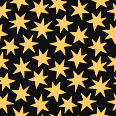 Vector seamless pattern with hand-drawn stars on black background. Night sky art texture. Modern illustration print. Simple doodle for any surface design.