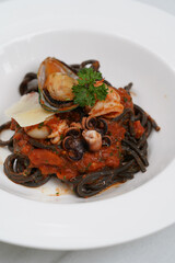 Spaghetti nero with prawns and mussels