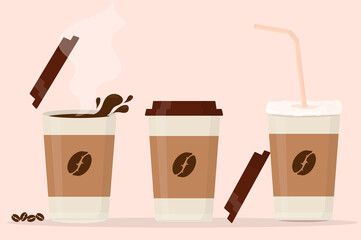 set of paper cups of coffee latte cappuccino espresso with lid