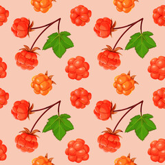 Cloudberry and leaves seamless pattern. Berry design for wrapping paper, textile, packaging, fabric.