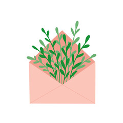 Envelope with plants. Vector Illustration for printing, backgrounds, covers, packaging, greeting cards, posters, stickers, textile and seasonal design. Isolated on white background.