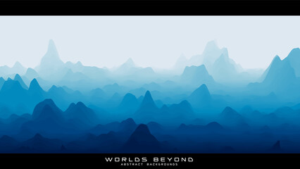 Abstract blue landscape with misty fog till horizon over mountain slopes. Gradient eroded terrain surface. Worlds beyond.