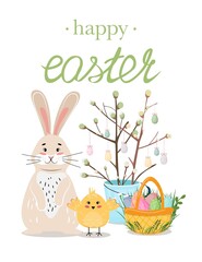Cute little bunny and a chick with a basket filled with Easter eggs. Happy Easter illustration.