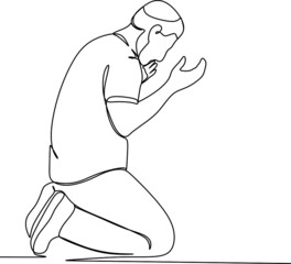 Single continuous line drawing of muslim person raise and open hands praying, from rear view. Islamic holy day Ramadan Kareem and Eid Mubarak pray concept one line draw design vector illustration