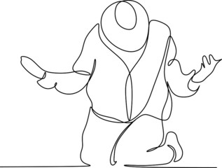 Single continuous line drawing of muslim person raise and open hands praying, from rear view. Islamic holy day Ramadan Kareem and Eid Mubarak pray concept one line draw design vector illustration