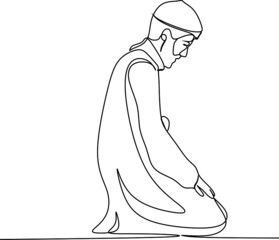 Single continuous line drawing of muslim person raise and open hands praying, from rear view. Islamic holy day Ramadan Kareem and Eid Mubarak pray concept one line draw design vector illustration