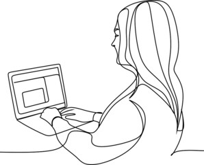One continuous line drawing of teen girl school student wear headphone and watch video online webinar learn on laptop. Distance E-learning course video conference pc call in bedroom at home.