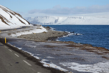 Winter landscape in Iceland of the Westfjorden along Isafjord