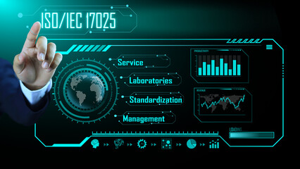 the hand is pointing to ISO IEC 17025, the global standard for industrial product certification. on...