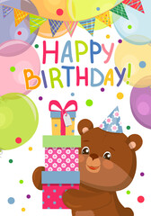 Vector birthday card in cartoon style with a drawn teddy bear in a festive hat with gifts, decorated with balloons, confetti and a garland, and handwritten wishes.