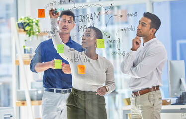The solution to our problem is easy.... Shot of three coworkers brainstorming in a modern office.