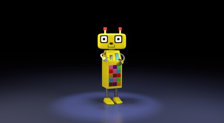 3D rendering. Cartoon yellow robot with colorful buttons isolated on dark background. Print for clothes, poster background design, flyers, flyers, concept for children, children's content

