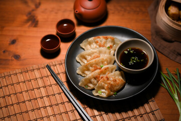Delicious homemade fried dumplings and special sweet soy sauce