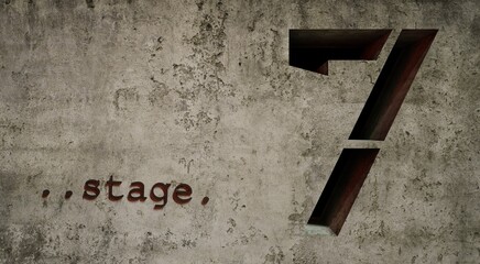 3D rendering. Number seven and inscription "stage" on concrete background
