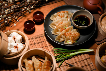 Authentic Chinese cuisine concept with fried dumpling or gyoza