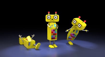 3D rendering. Three cartoon yellow robots with colorful buttons in different poses isolated on dark background. Print for clothes, concept for children, child