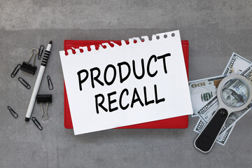 Product Recall. text on torn paper from notepad on red notepad